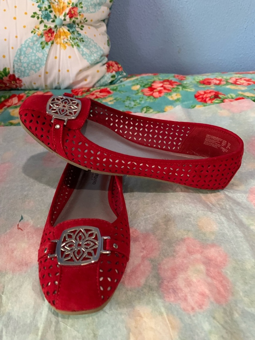 Christian Siriano Red Suede Perforated Flats with Silver Medallion - Picture 4 of 8